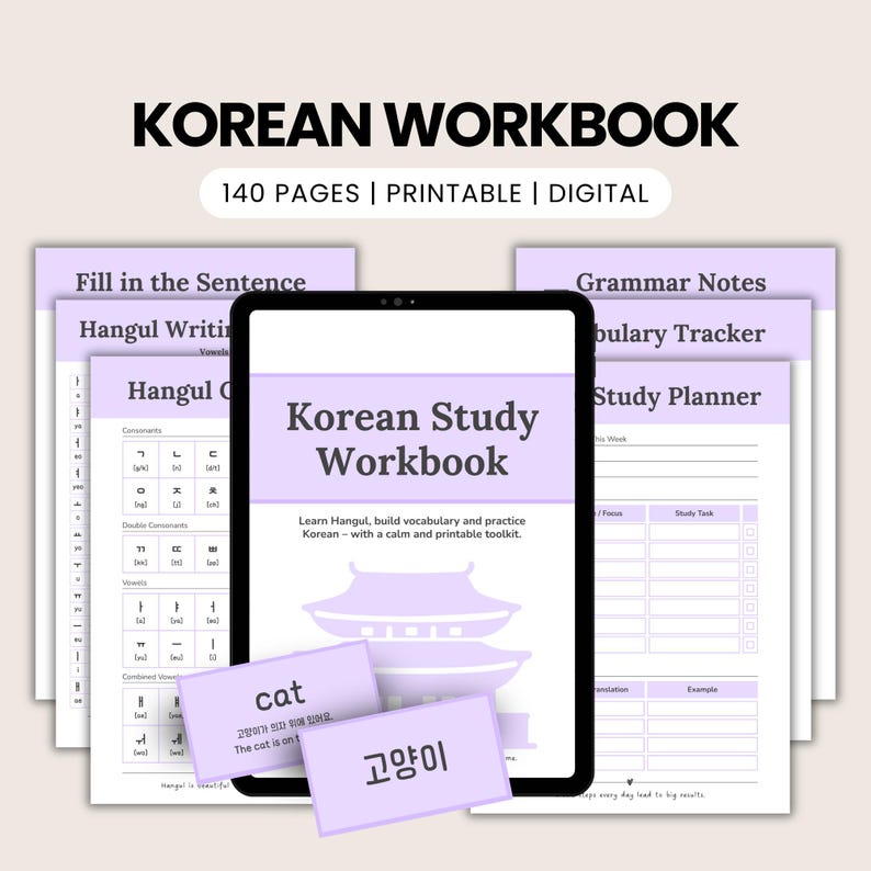 Korean study workbook with 140 printable A4 pages, including Hangul writing practice, vocabulary tracker, grammar notes, and sentence worksheets.