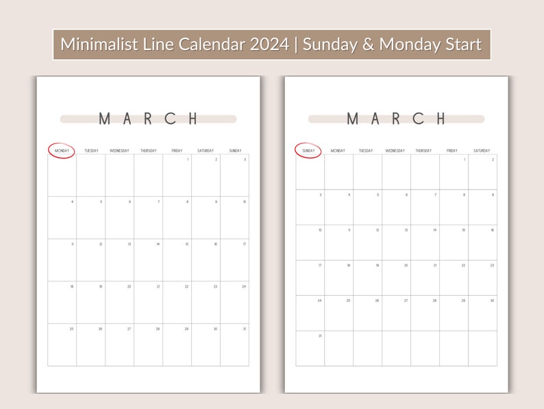 2024 Minimalist Line Printable Calendar Monthly Etsy