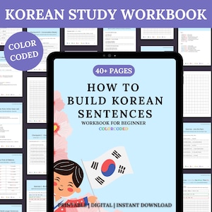 Korean Sentence Builder Workbook PDF, Learn Korean for Beginners, Color-Coded Who-What-Do Method, Printable & Digital use, Hangul Learners