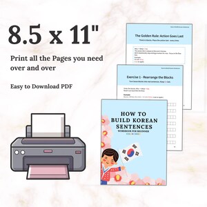 US Letter 8.5 × 11 inch printable PDF pages from the Korean Sentence Builder Workbook. Easy home printing and instant digital download.