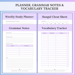 Four coordinated purple pages show a weekly study planner, a grammar notes sheet, a Hangul cheat sheet and a vocabulary tracker with columns for Korean, translation and examples under the heading “Planner, grammar notes & vocabulary tracker.” Study planning and note-taking tools included in the Korean study workbook printable set.