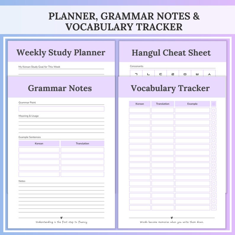 Four coordinated purple pages show a weekly study planner, a grammar notes sheet, a Hangul cheat sheet and a vocabulary tracker with columns for Korean, translation and examples under the heading “Planner, grammar notes & vocabulary tracker.” Study planning and note-taking tools included in the Korean study workbook printable set.
