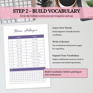 Korean antonyms vocabulary worksheet with Korean words and English meanings, shown as part of beginner vocabulary-building practice.