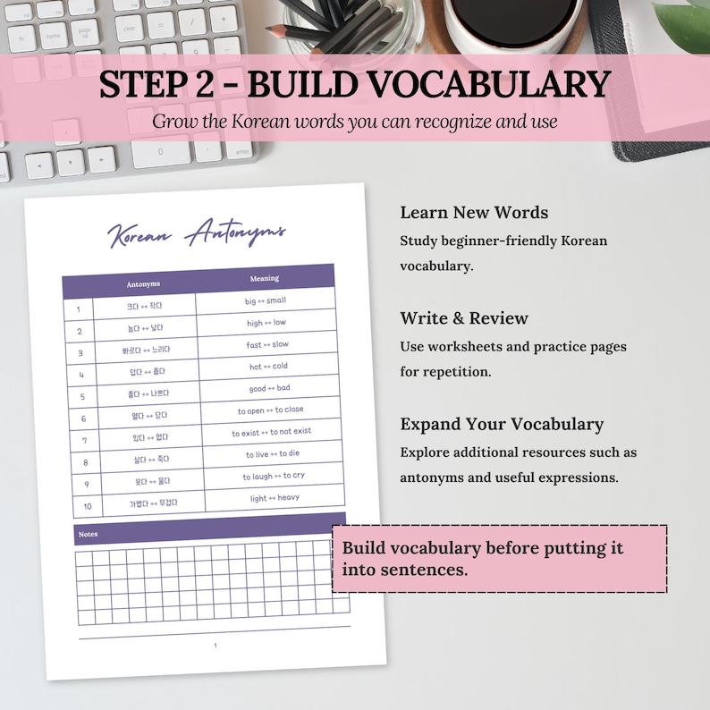 Korean antonyms vocabulary worksheet with Korean words and English meanings, shown as part of beginner vocabulary-building practice.