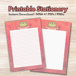 Juego de papelería imprimible con forma de rana kawaii / Papel de carta bonito / Con y sin líneas en PDF y PNG / Descarga instantánea