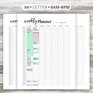 May include: A stack of white A4-sized weekly planner sheets. The top sheet is filled with handwritten notes and color-coded sections for scheduling activities from 6 AM to 6 PM. The text "weekly Planner" is at the top.