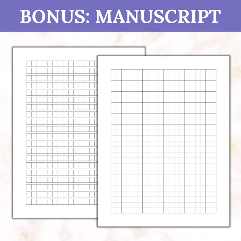 Bonus Korean manuscript paper printables: squared grid pages for Hangul handwriting practice. Included with the Korean Sentence Builder Workbook PDF.