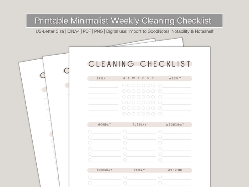 Printable Cleaning Checklist Minimalist Line Weekly Cleaning Tracker ...