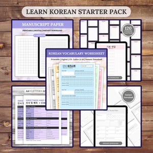 May include: A Learn Korean Starter Pack with manuscript paper, vocabulary worksheets, and a study plan. The pack includes printable and digital downloads, with the text "120 Commonly Used Words" and "Instant Download". The worksheets are in US-Letter and A4 sizes.