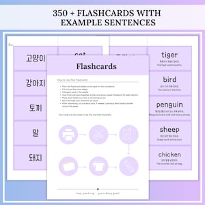 Several purple flashcard sheets show Korean words on one side and English words with example sentences on the other, with a central page describing how to cut, fold and laminate the cards, under the heading “350+ flashcards with example sentences.” Flashcards section of the Korean study workbook with printable Korean vocabulary cards and usage examples.