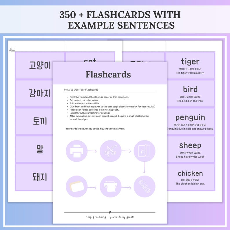 Several purple flashcard sheets show Korean words on one side and English words with example sentences on the other, with a central page describing how to cut, fold and laminate the cards, under the heading “350+ flashcards with example sentences.” Flashcards section of the Korean study workbook with printable Korean vocabulary cards and usage examples.