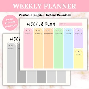 May include: A pastel-colored weekly planner with a bear theme. The planner includes sections for each day of the week, with bear-shaped headers. The text "WEEKLY PLANNER" is at the top, with "Printable | Digital | Instant Download" below.