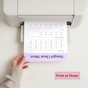 Hangul cheat sheet being printed from a home printer, showing that selected Korean learning resources in the bundle can be printed.