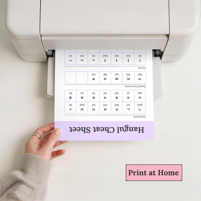 Hangul cheat sheet being printed from a home printer, showing that selected Korean learning resources in the bundle can be printed.