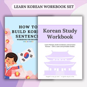 May include: A Korean language workbook set. One workbook is titled "How to Build Korean Sentences" and the other is "Korean Study Workbook". The "How to Build Korean Sentences" workbook has a cartoon illustration of a child holding a Korean flag.