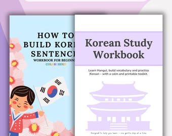 May include: A Korean language workbook set. One workbook is titled "How to Build Korean Sentences" and the other is "Korean Study Workbook". The "How to Build Korean Sentences" workbook has a cartoon illustration of a child holding a Korean flag.