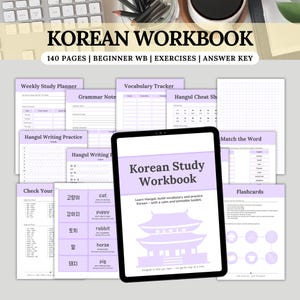 Koreansk arbetsbok för nybörjare, hangul-skrivning, ordförrådsövning och flashcards
