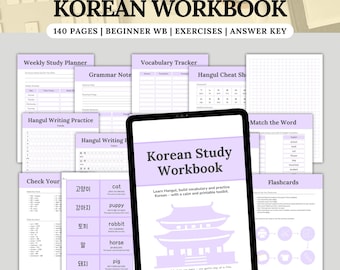 Cuaderno de ejercicios de coreano para principiantes: escritura en hangul, práctica de vocabulario y tarjetas didácticas.