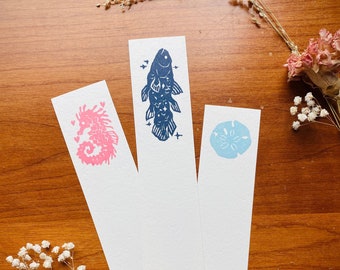 Nautical handmade bookmarks · linocut print · coelacanth