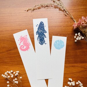 Nautical handmade bookmarks · linocut print · coelacanth