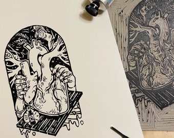 Telltale Heart · 8x11 · linocut linoleum print