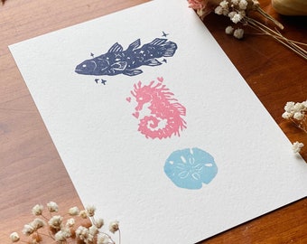 Nautical handmade postcard · linocut print · coelacanth