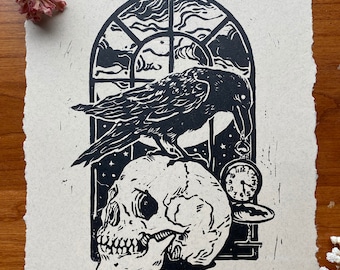 The Raven · 8x11 · linocut linoleum print