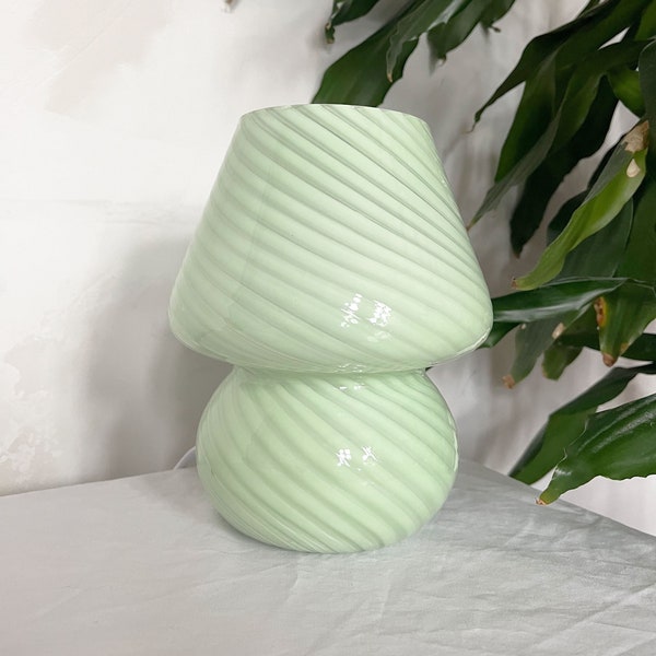 Mushroom Murano Style Minimalist Swirl Striped Mushroom Glass Table Lamp Sage Green