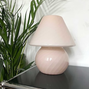 70&#39;s Vintage Large Murano Mushroom Table Lamp | Pastel Pink | Swirl Striped Glass | Midcentury | Space Age | Mushroom Lamp