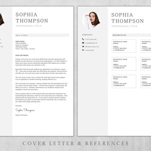 Puede incluir: Una p&aacute;gina de carta de presentaci&oacute;n y referencias en blanco y negro con una foto profesional de una mujer en la esquina superior izquierda. La carta de presentaci&oacute;n incluye una secci&oacute;n titulada "Contacto" con un n&uacute;mero de tel&eacute;fono, una direcci&oacute;n de correo electr&oacute;nico y una URL de perfil de LinkedIn. La p&aacute;gina de referencias incluye una secci&oacute;n titulada "Referencias" con una lista de nombres, puestos, direcciones y direcciones de correo electr&oacute;nico.