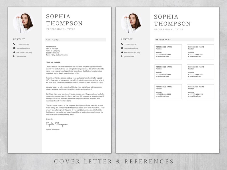 Puede incluir: Una p&aacute;gina de carta de presentaci&oacute;n y referencias en blanco y negro con una foto profesional de una mujer en la esquina superior izquierda. La carta de presentaci&oacute;n incluye una secci&oacute;n titulada "Contacto" con un n&uacute;mero de tel&eacute;fono, una direcci&oacute;n de correo electr&oacute;nico y una URL de perfil de LinkedIn. La p&aacute;gina de referencias incluye una secci&oacute;n titulada "Referencias" con una lista de nombres, puestos, direcciones y direcciones de correo electr&oacute;nico.