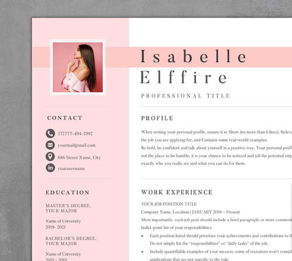 Pink Resume Template: Modern CV Design with photo