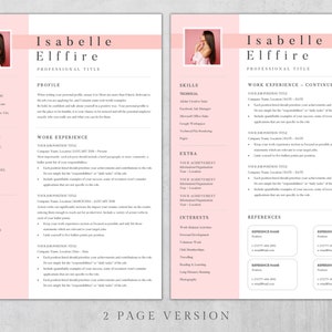 以下が含まれることがあります： ピンクの背景を持つ2ページの履歴書テンプレート。履歴書は、Isabelle Elffireという名前の人用です。履歴書には、連絡先情報、学歴、職務経歴、スキル、その他、興味、参考文献のセクションが含まれています。
