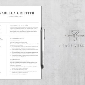 Puede incluir: Una plantilla de curr&iacute;culum en blanco y negro con el t&iacute;tulo "Isabella Griffith" en la parte superior. El curr&iacute;culum incluye secciones para la descripci&oacute;n profesional, la educaci&oacute;n y las certificaciones, la experiencia docente y las habilidades. El curr&iacute;culum est&aacute; dise&ntilde;ado para un formato de una p&aacute;gina.