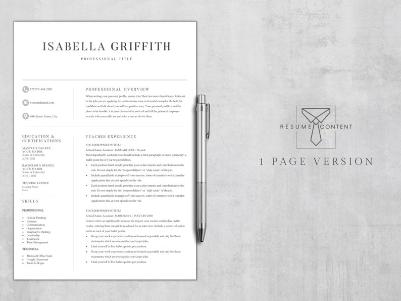 Puede incluir: Una plantilla de curr&iacute;culum en blanco y negro con el t&iacute;tulo "Isabella Griffith" en la parte superior. El curr&iacute;culum incluye secciones para la descripci&oacute;n profesional, la educaci&oacute;n y las certificaciones, la experiencia docente y las habilidades. El curr&iacute;culum est&aacute; dise&ntilde;ado para un formato de una p&aacute;gina.