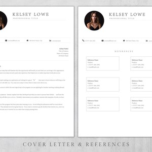 May include: A black and white cover letter and references page with a professional headshot of a woman in the top left corner. The text "Kelsey Lowe" and "Professional Title" are at the top of the page. The cover letter is addressed to "Dear Mr. Parker". The references page lists three references with their names, positions, phone numbers, and email addresses.