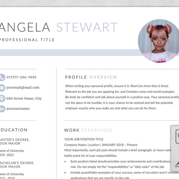 2024 Resume Template with Photo | Word and Pages Resume Template | Girl Resume Templates |Modern Resume Template |1,2 Pages Resume Templates