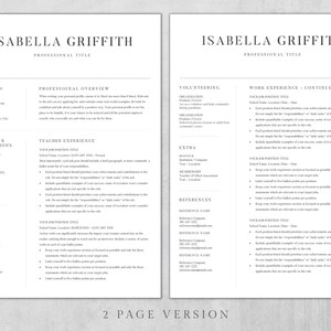 Puede incluir: Una plantilla de curr&iacute;culum de dos p&aacute;ginas en blanco y negro. El curr&iacute;culum es para Isabella Griffith, que tiene un t&iacute;tulo profesional. El curr&iacute;culum incluye secciones para descripci&oacute;n profesional, educaci&oacute;n y certificaciones, habilidades, experiencia docente, voluntariado, experiencia laboral, extras y referencias.