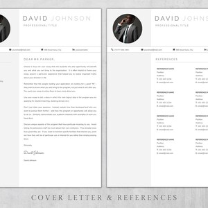 Puede incluir: Una plantilla de carta de presentaci&oacute;n y referencias en blanco y negro con una foto profesional de un hombre con traje. La carta de presentaci&oacute;n est&aacute; dirigida al Sr. Parker e incluye una carta de presentaci&oacute;n de muestra. La p&aacute;gina de referencias incluye una lista de referencias con sus nombres, cargos, direcciones, n&uacute;meros de tel&eacute;fono y direcciones de correo electr&oacute;nico.
