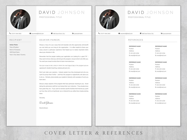 Puede incluir: Una plantilla de carta de presentaci&oacute;n y referencias en blanco y negro con una foto profesional de un hombre con traje. La carta de presentaci&oacute;n est&aacute; dirigida al Sr. Parker e incluye una carta de presentaci&oacute;n de muestra. La p&aacute;gina de referencias incluye una lista de referencias con sus nombres, cargos, direcciones, n&uacute;meros de tel&eacute;fono y direcciones de correo electr&oacute;nico.
