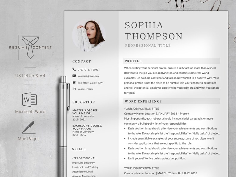 Puede incluir: Una plantilla de curr&iacute;culum con un dise&ntilde;o profesional. La plantilla incluye secciones para informaci&oacute;n de contacto, educaci&oacute;n, habilidades, experiencia laboral y un perfil personal. La plantilla est&aacute; dise&ntilde;ada para ser utilizada con Microsoft Word y Mac Pages.