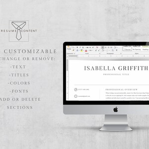 Puede incluir: Una pantalla de ordenador que muestra una plantilla de curr&iacute;culum con el nombre "Isabella Griffith" y el texto "FULLY CUSTOMIZABLE EDIT, CHANGE OR REMOVE: -TEXT -TITLES -COLORS -FONTS -ADD OR DELETE SECTIONS" en el lado izquierdo de la pantalla.