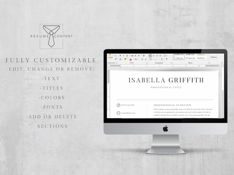 Puede incluir: Una pantalla de ordenador que muestra una plantilla de curr&iacute;culum con el nombre "Isabella Griffith" y el texto "FULLY CUSTOMIZABLE EDIT, CHANGE OR REMOVE: -TEXT -TITLES -COLORS -FONTS -ADD OR DELETE SECTIONS" en el lado izquierdo de la pantalla.