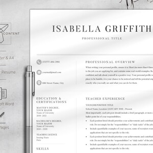 Puede incluir: Una plantilla de curr&iacute;culum en blanco y negro con el nombre Isabella Griffith en la parte superior. El curr&iacute;culum incluye secciones para la descripci&oacute;n profesional, la educaci&oacute;n y las certificaciones, la experiencia docente y las habilidades. La plantilla est&aacute; dise&ntilde;ada para un curr&iacute;culum de profesor.
