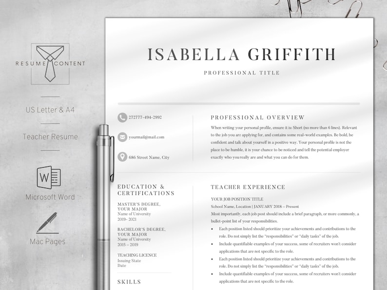 Puede incluir: Una plantilla de curr&iacute;culum en blanco y negro con el nombre Isabella Griffith en la parte superior. El curr&iacute;culum incluye secciones para la descripci&oacute;n profesional, la educaci&oacute;n y las certificaciones, la experiencia docente y las habilidades. La plantilla est&aacute; dise&ntilde;ada para un curr&iacute;culum de profesor.