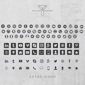 Puede incluir: Una colecci&oacute;n de iconos de redes sociales, que incluyen LinkedIn, Twitter, Facebook, Google+, Pinterest, Instagram, YouTube, Vimeo y m&aacute;s. Los iconos son en blanco y negro y est&aacute;n dispuestos en una cuadr&iacute;cula. El texto "EXTRA ICONS" est&aacute; en la parte inferior de la imagen.