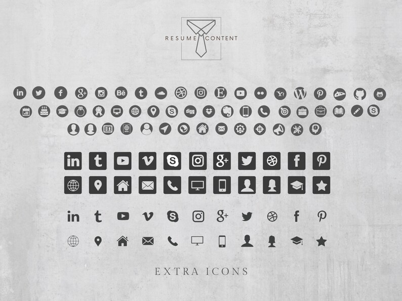 Puede incluir: Una colecci&oacute;n de iconos de redes sociales, que incluyen LinkedIn, Twitter, Facebook, Google+, Pinterest, Instagram, YouTube, Vimeo y m&aacute;s. Los iconos son en blanco y negro y est&aacute;n dispuestos en una cuadr&iacute;cula. El texto "EXTRA ICONS" est&aacute; en la parte inferior de la imagen.