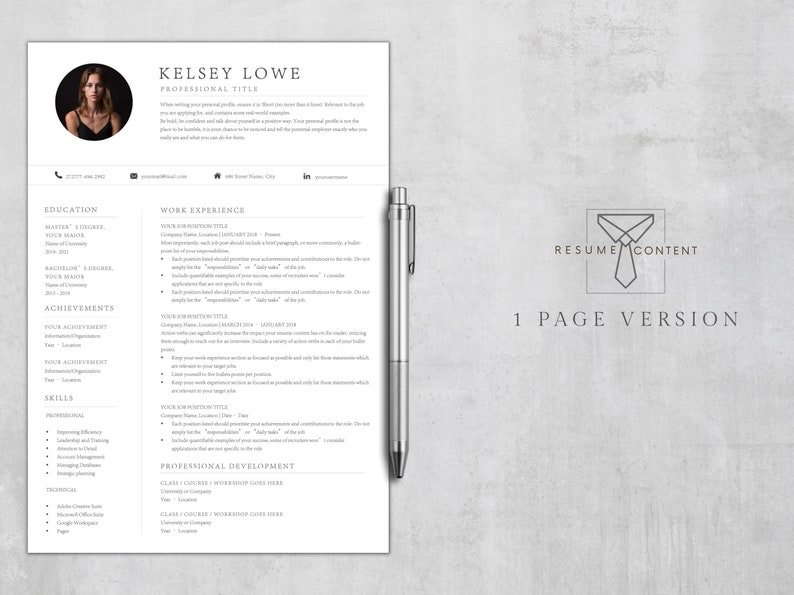 May include: A black and white resume template with a simple design. The template includes sections for education, work experience, achievements, skills, and professional development. The template also includes a headshot of the applicant.