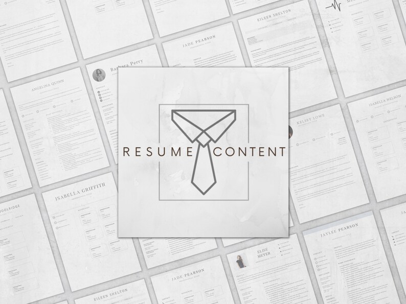 Puede incluir: Una colecci&oacute;n de plantillas de curr&iacute;culum con un fondo gris y un icono de corbata con el texto "RESUME CONTENT".
