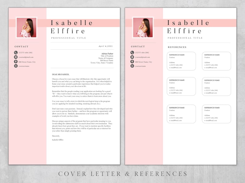 Pink Resume Template: Modern CV Design With Photo - Etsy
